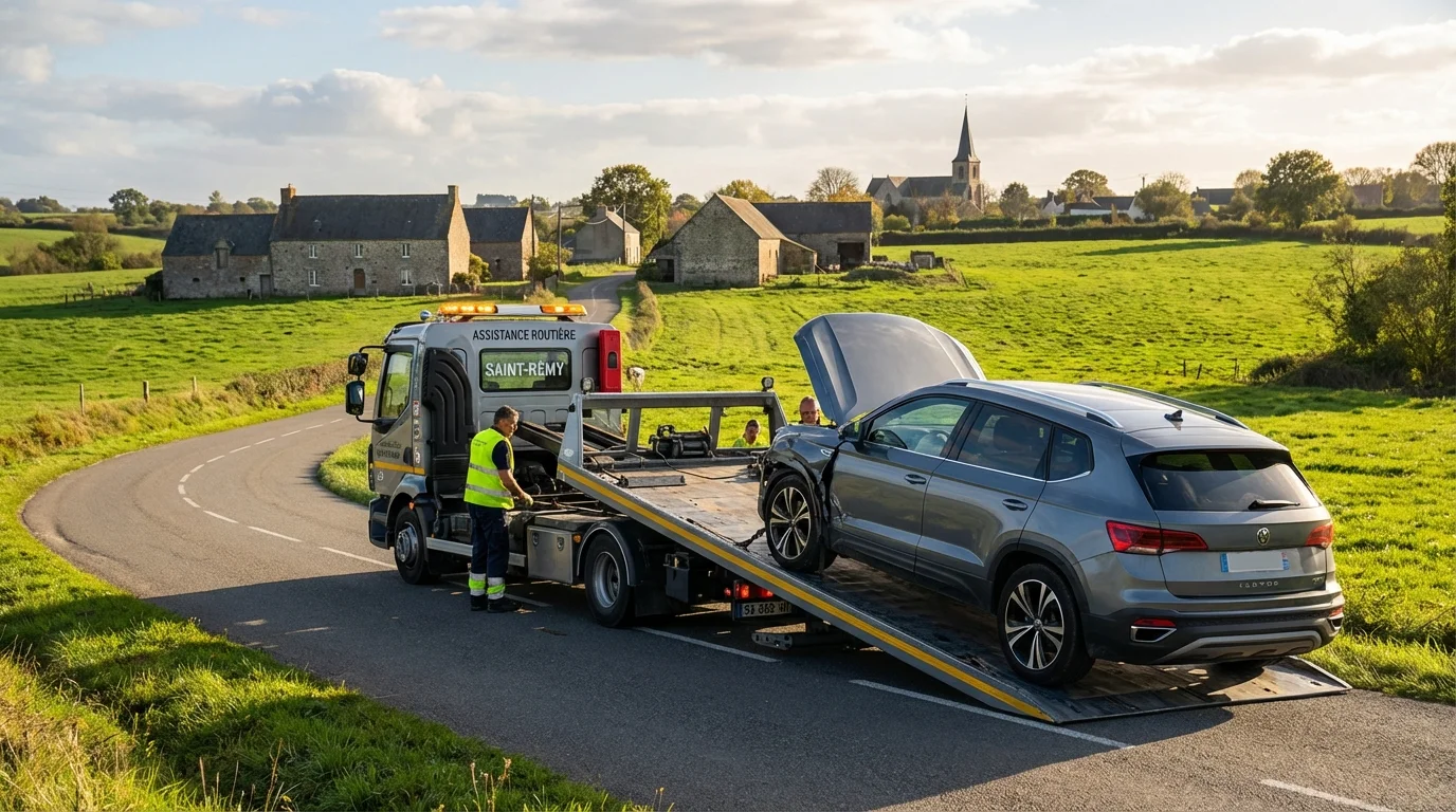 Dépanneuse Fast Depann intervenant sur une voiture en panne à Saint-Remy-de-la-Vanne 77320