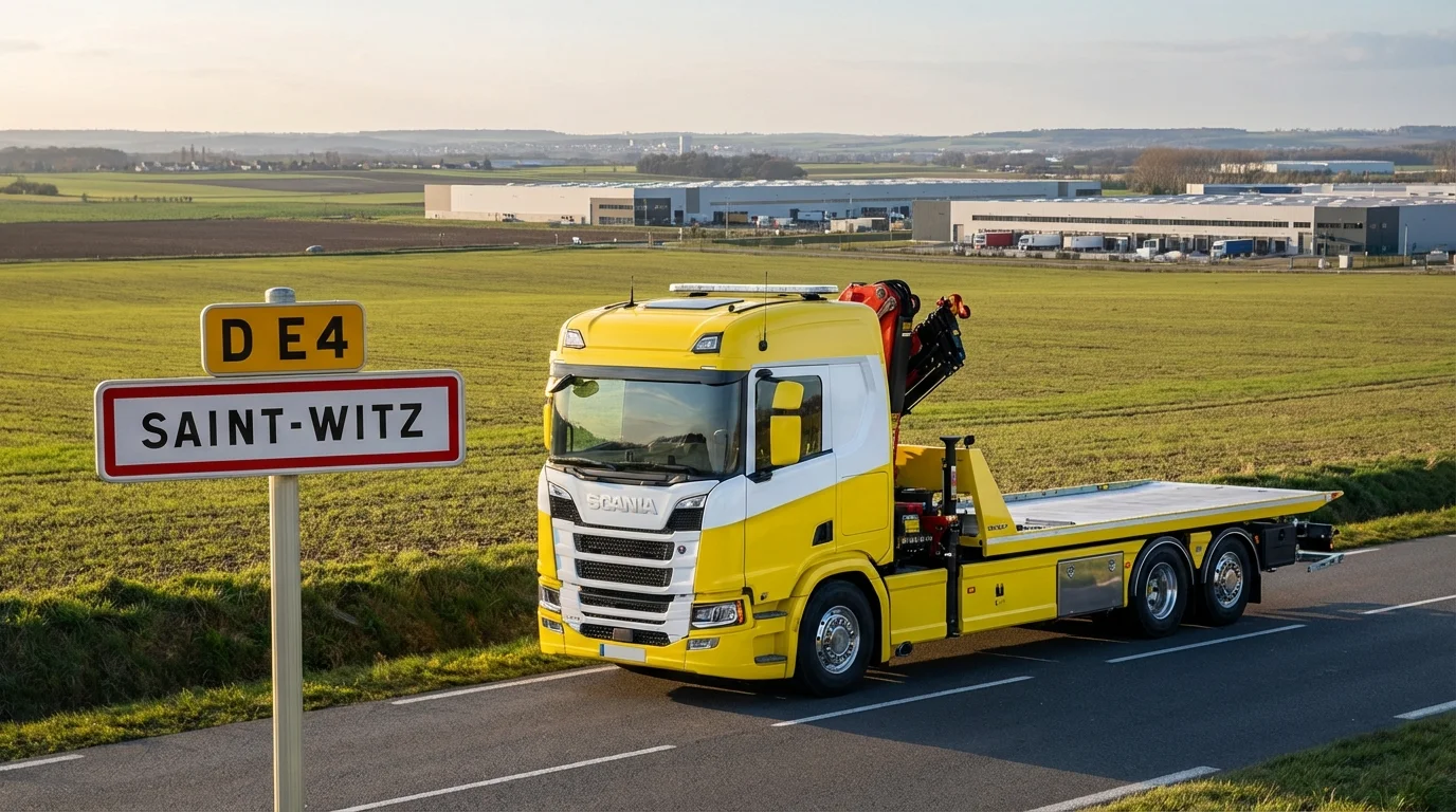 Camion de remorquage Fast Depann intervenant à l'entrée de Saint-Witz 95470