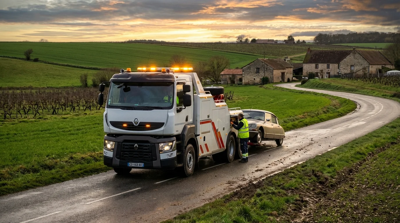 Dépanneuse Fast Depann en intervention de remorquage sur une route de Sainte-Aulde 77260