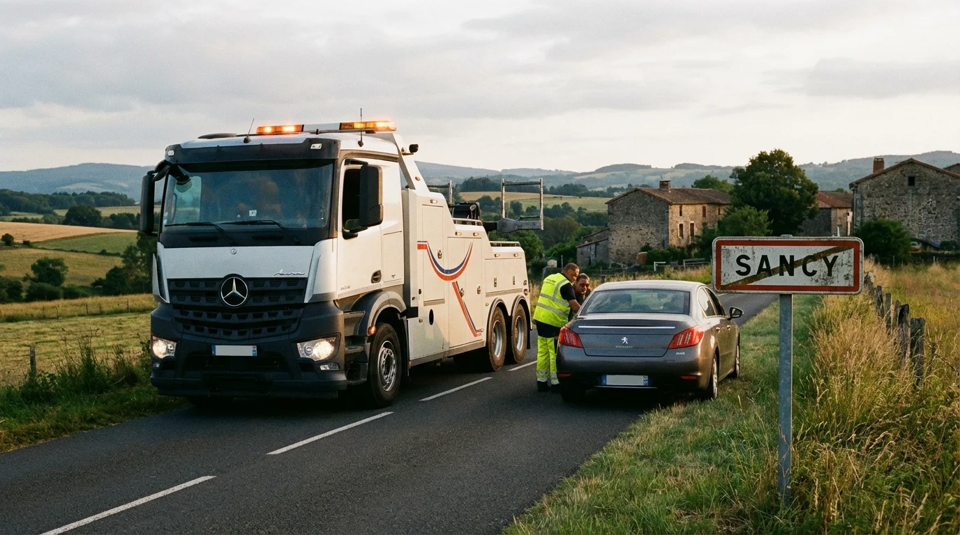 Dépanneuse Fast Depann en intervention à l'entrée de la ville de Sancy pour une assistance automobile