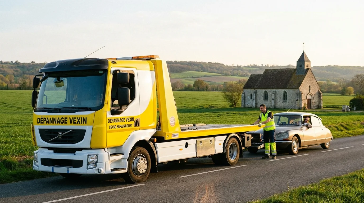 Dépanneuse Fast Depann intervenant sur une route de campagne à Seraincourt 95450 pour une assistance automobile