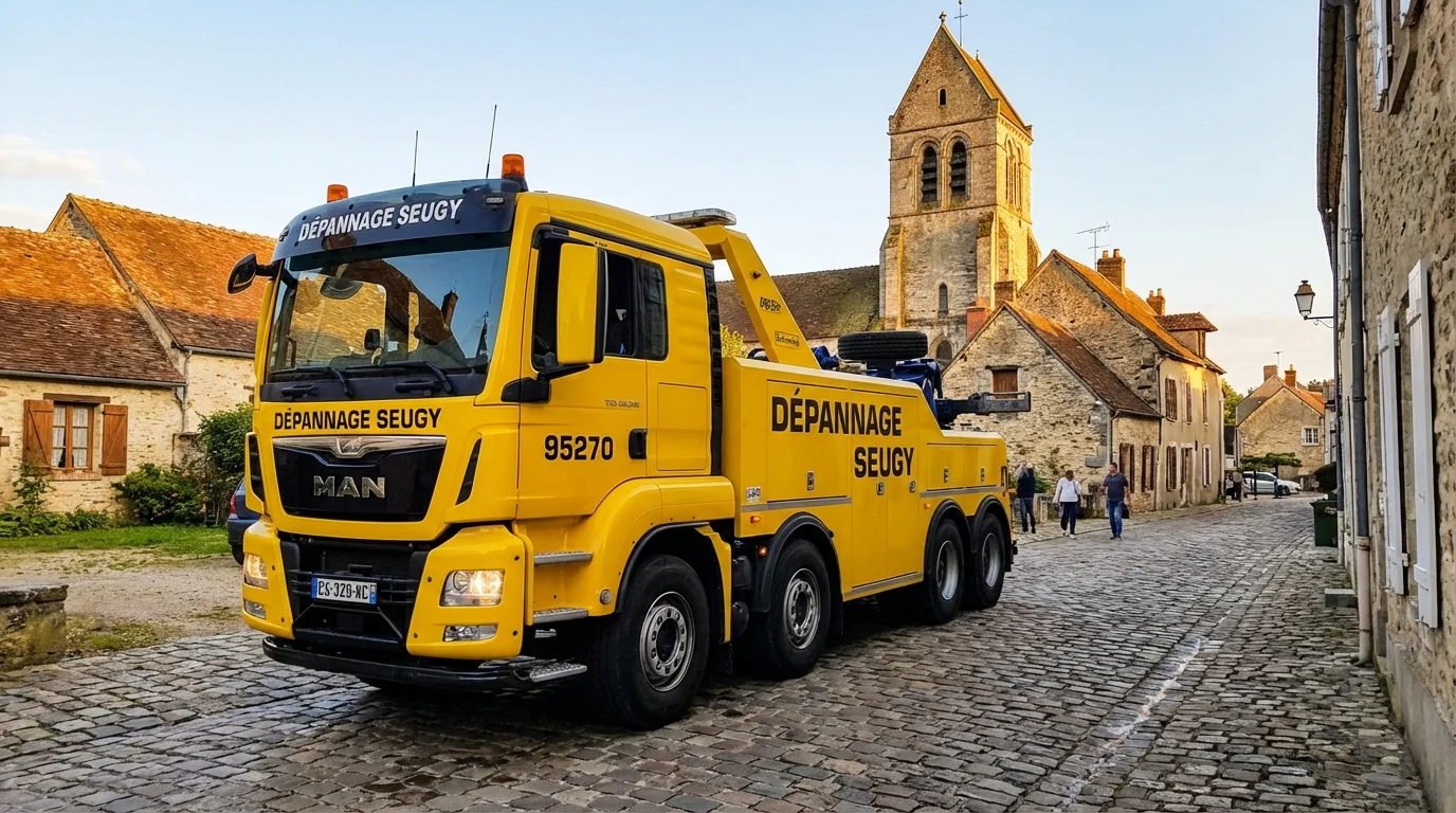Camion de dépannage Fast Depann en intervention devant l'église de Seugy dans le Val-d'Oise.