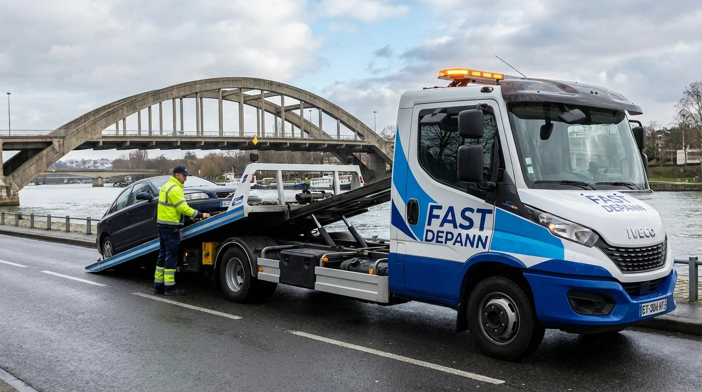 Dépanneuse Fast Depann en intervention de remorquage d'une voiture en panne près du Pont de Sèvres à Sèvres (92310).