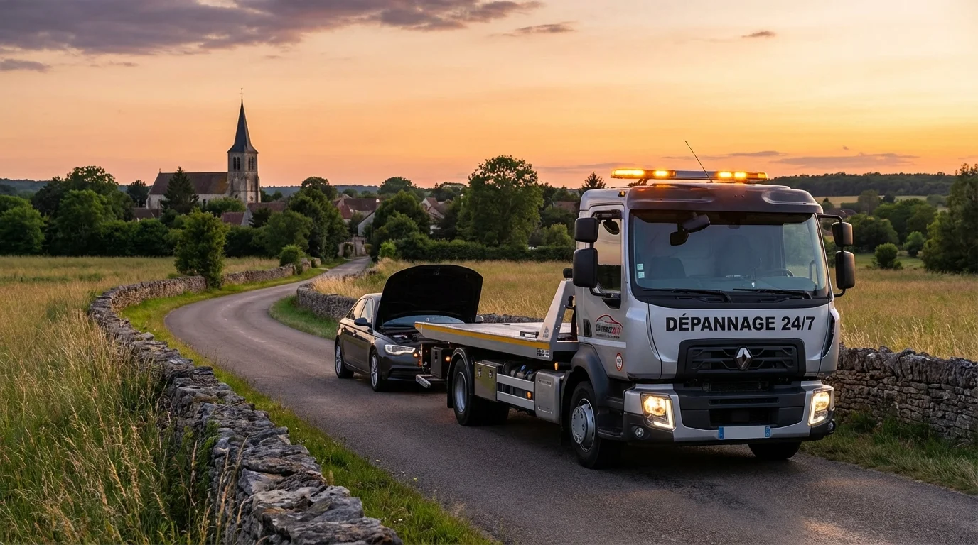 Camion de dépannage Fast Depann en intervention sur une route de campagne à Sigy 77480