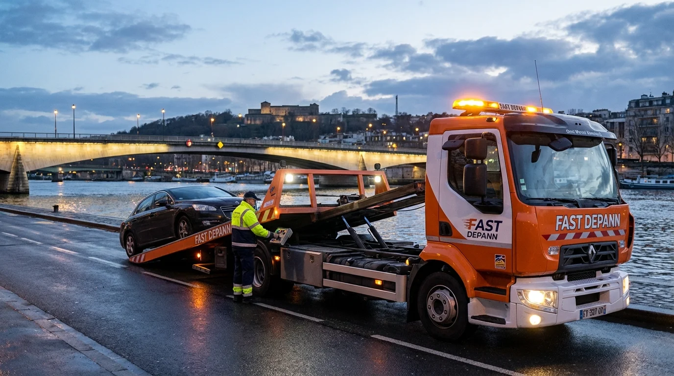 Dépanneuse Fast Depann en intervention de remorquage d'urgence sur les quais de Seine à Suresnes, avec vue sur le Mont-Valérien et le pont de Suresnes au crépuscule.