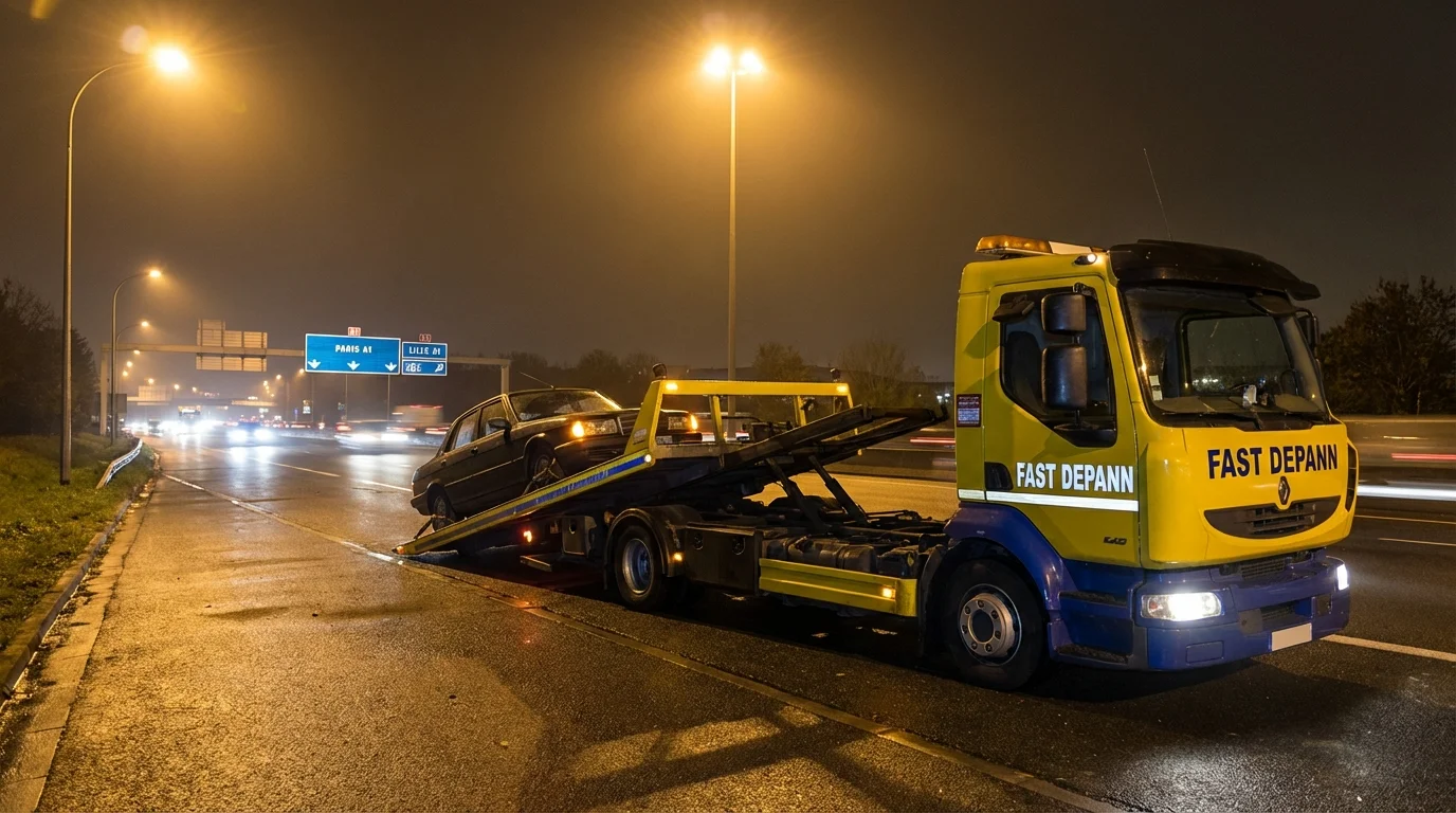 Dépanneuse Fast Depann chargeant un véhicule en panne à Survilliers près de l'autoroute A1