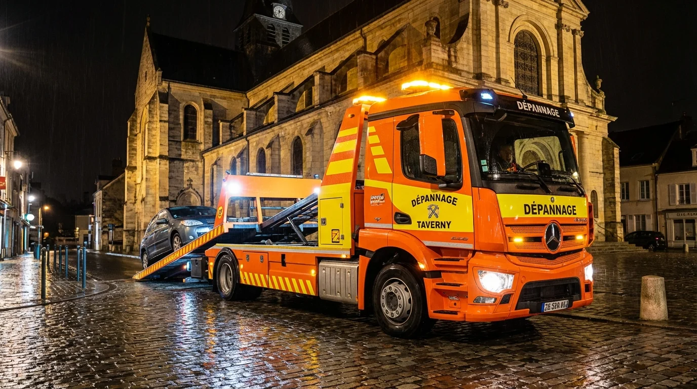 Dépanneuse Fast Depann intervenant de nuit à Taverny devant l'église Notre-Dame