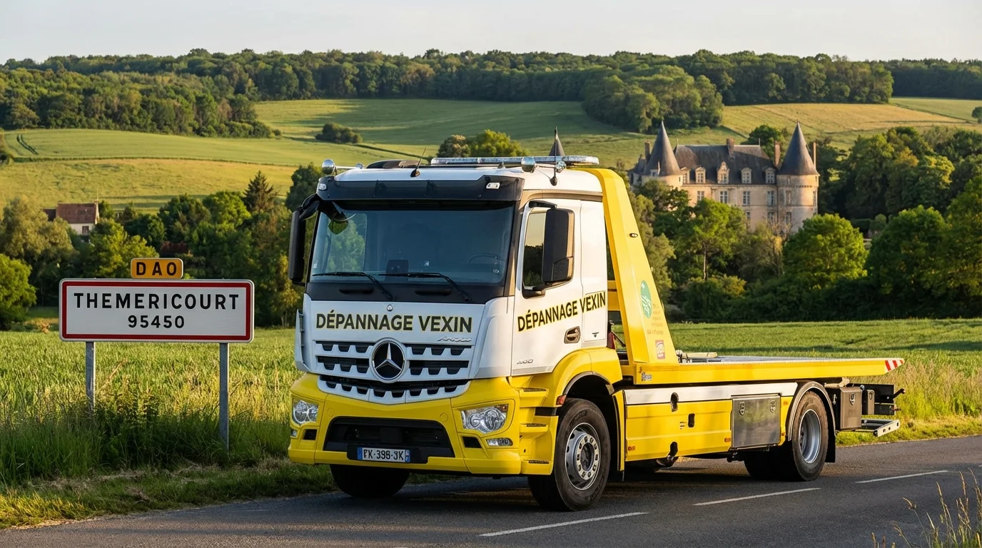 Dépanneuse Fast Depann en intervention à Themericourt devant le panneau du village et le paysage du Vexin