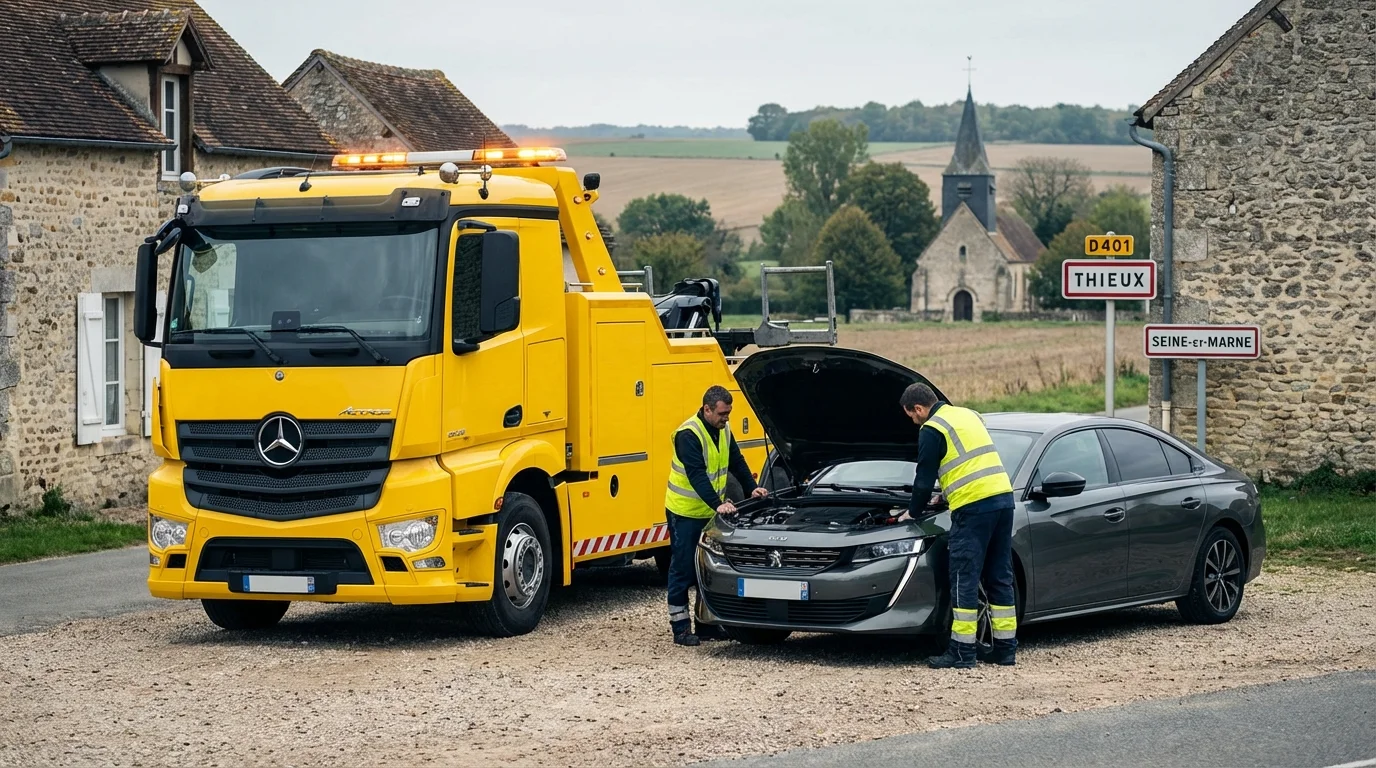 Camion de dépannage Fast Depann intervenant sur une voiture en panne à Thieux 77230