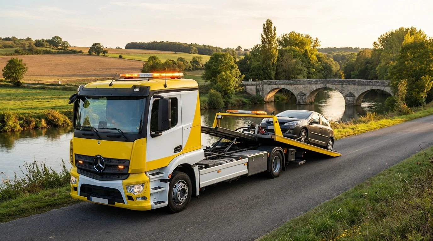 Dépanneuse Fast Depann intervenant pour un remorquage auto sur une route de campagne à Tigeaux (77163)
