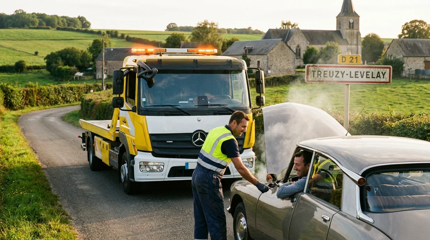 Intervention de dépannage auto par Fast Depann à l'entrée du village de Treuzy-Levelay