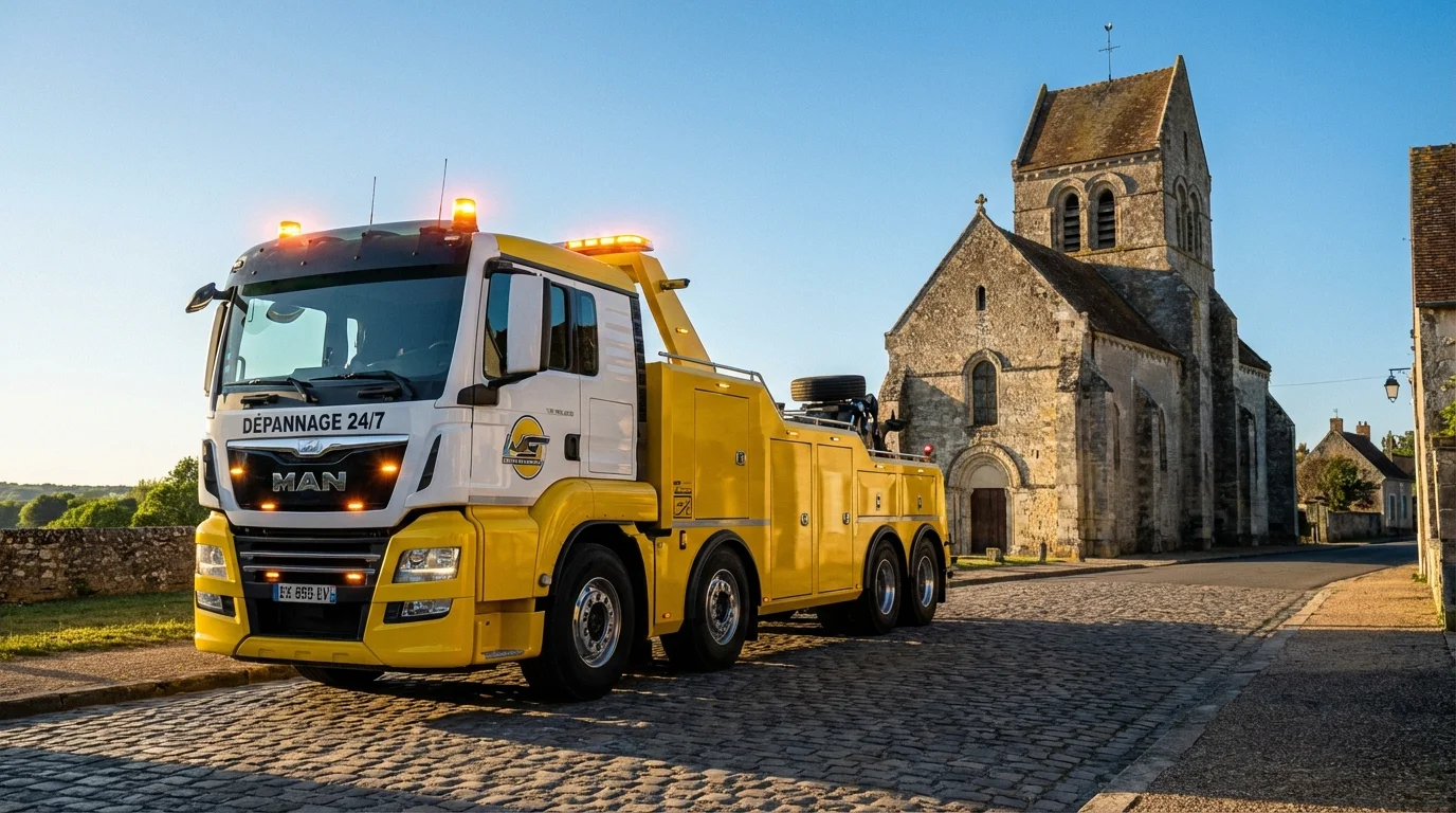 Dépanneuse Fast Depann en intervention à Trocy-en-Multien devant l'église