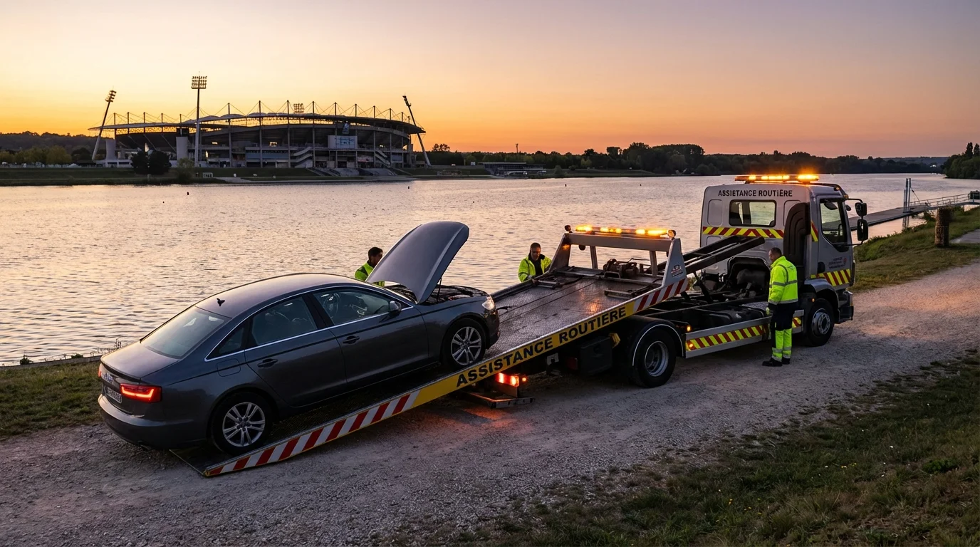 Dépanneuse Fast Depann en intervention près du lac de Vaires-sur-Marne pour un remorquage auto