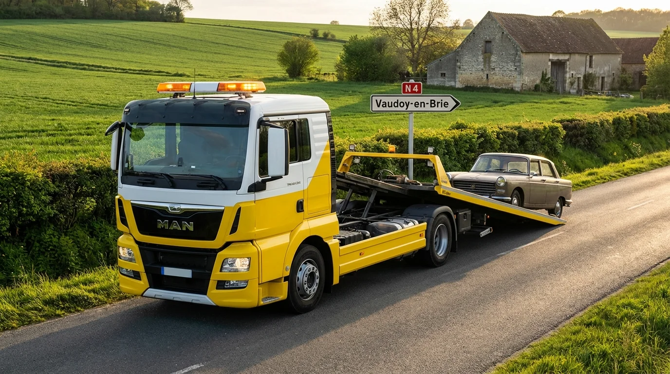 Dépanneuse Fast Depann intervenant sur une panne auto à Vaudoy-en-Brie 77141 sur la route nationale 4