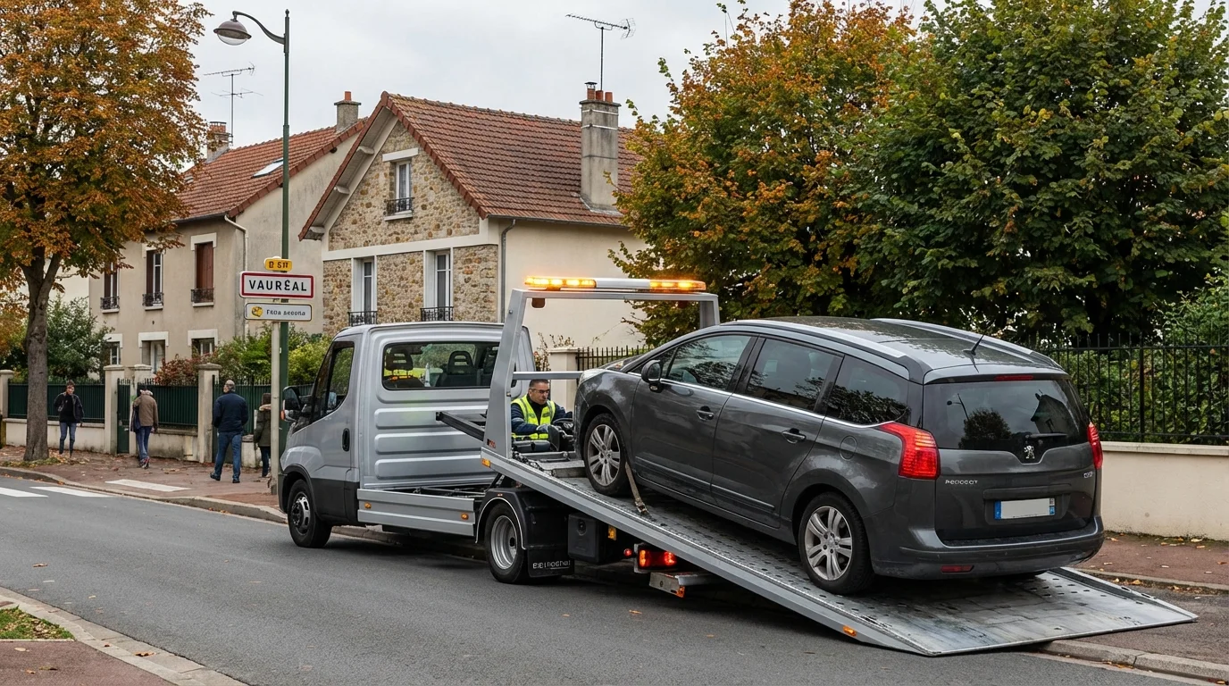 Dépanneuse intervenant pour une voiture en panne dans une rue résidentielle de Vauréal (95490).