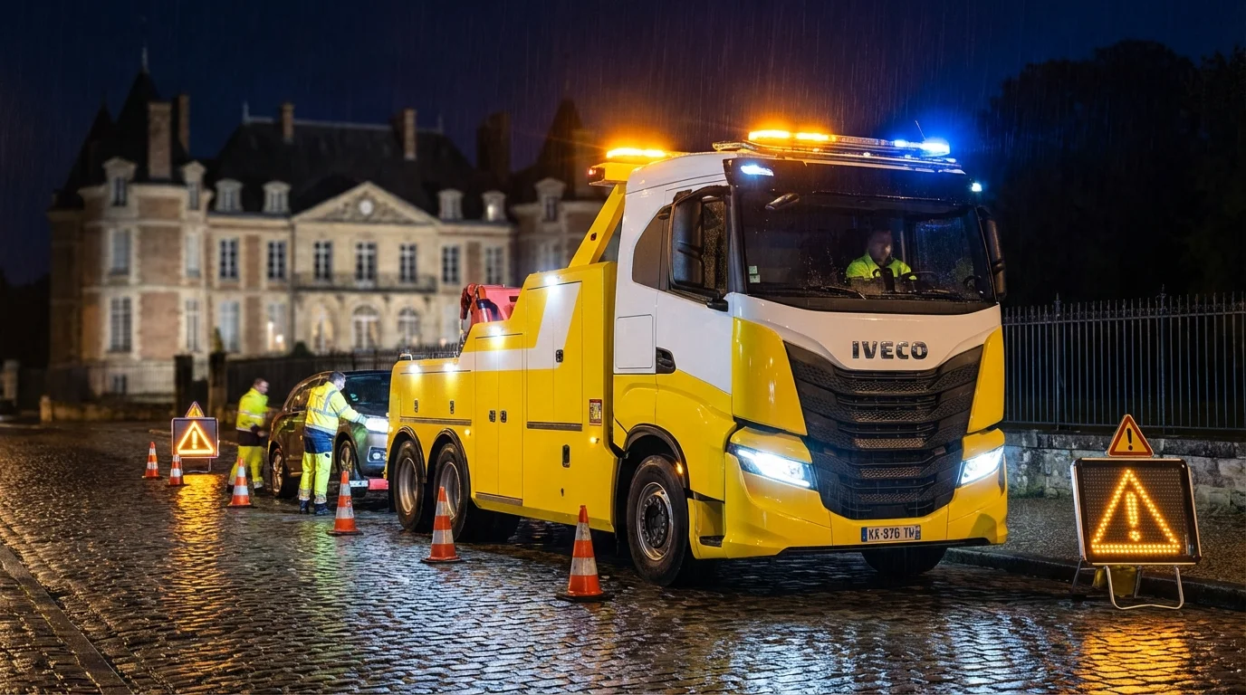 Dépanneuse Fast Depann en intervention nocturne à Vaux-le-Pénil devant le château