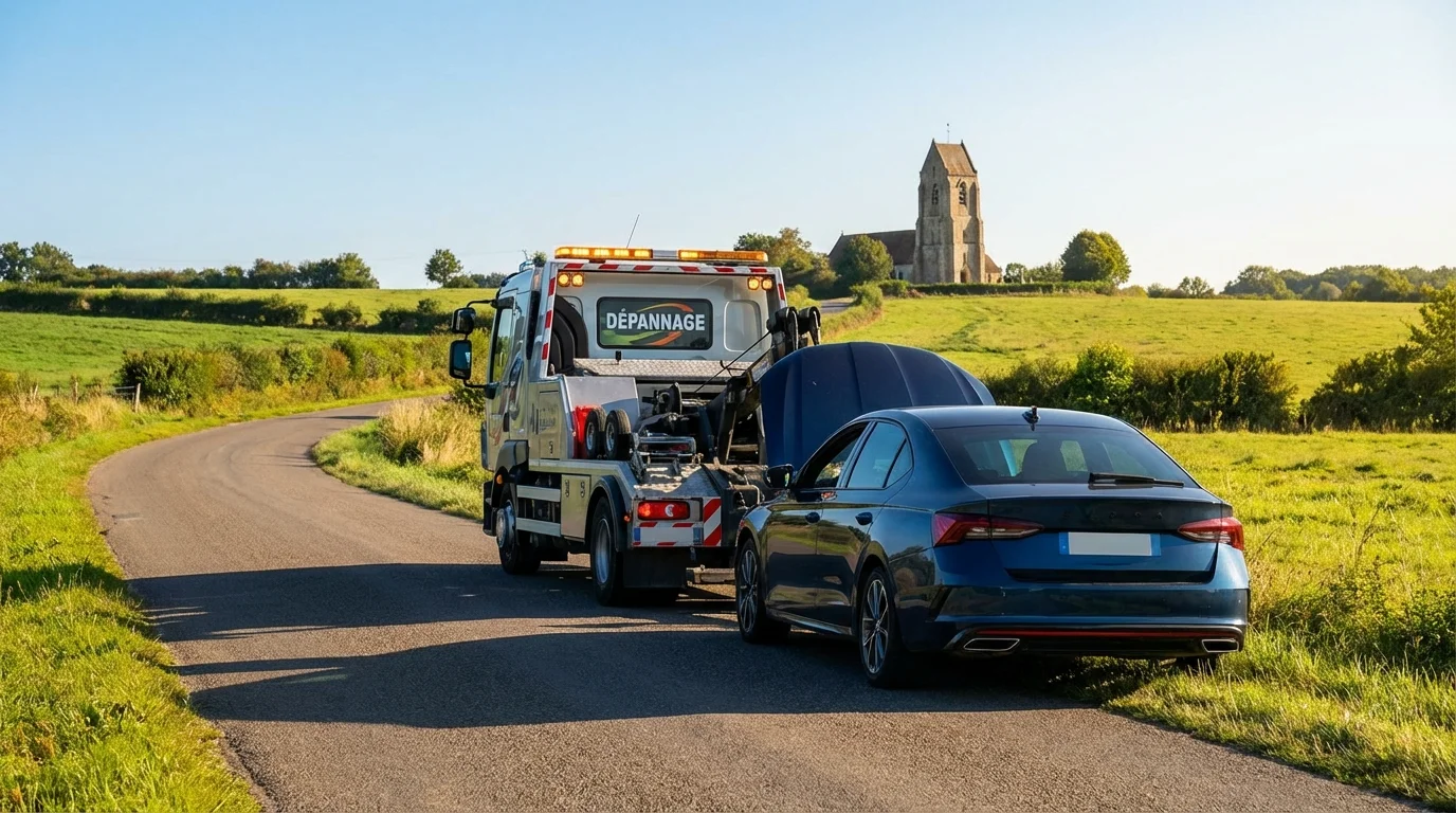 Dépanneuse Fast Depann en intervention sur une route de campagne à Vaux-sur-Lunain 77710