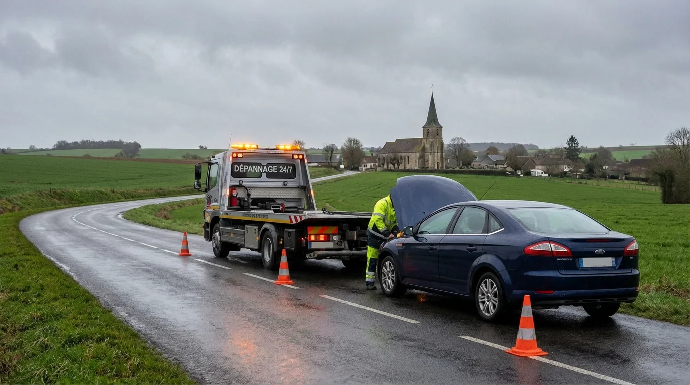 Dépanneuse Fast Depann en intervention sur une route de campagne à Vendrest 77440