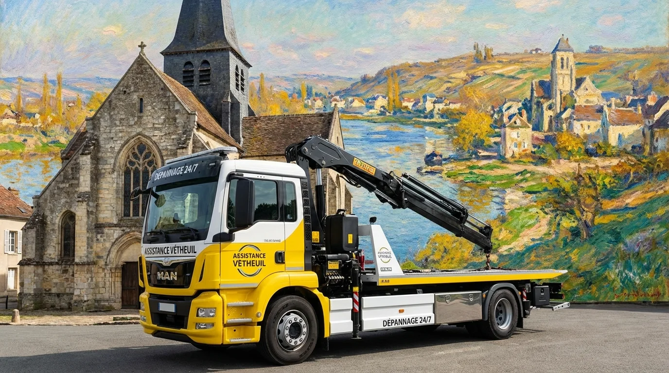 Dépanneuse Fast Depann en intervention devant l'église de Vétheuil 95510
