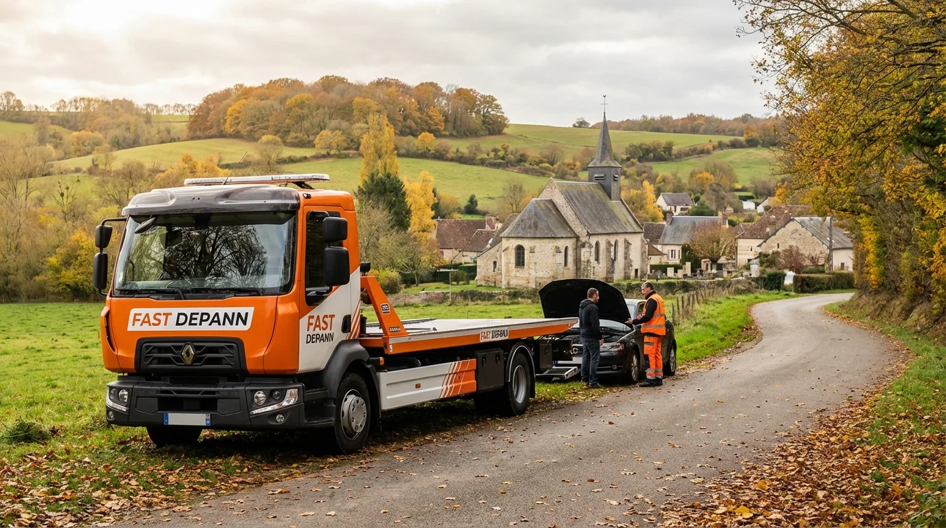 Dépanneuse Fast Depann intervenant sur une route de campagne à Vienne-en-Arthies dans le Vexin français