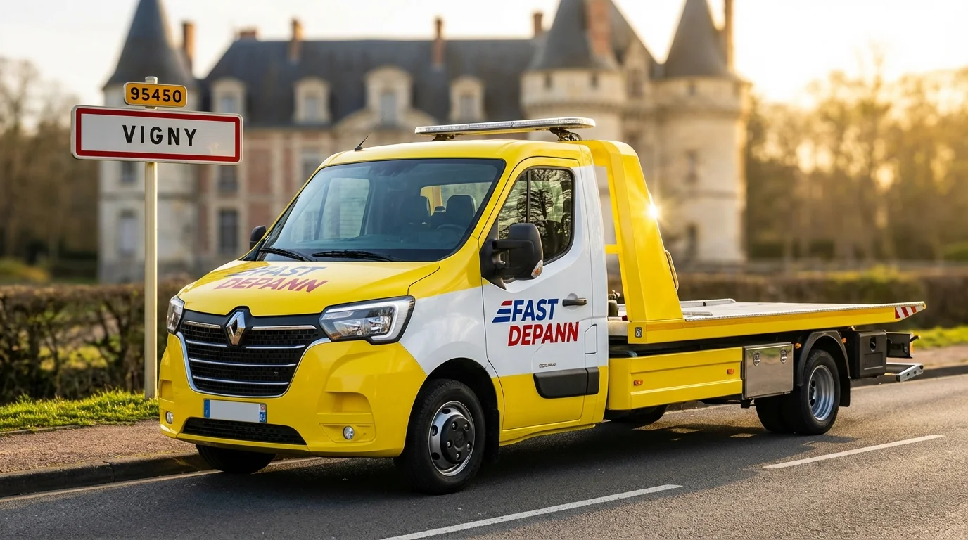Dépanneuse Fast Depann intervenant à Vigny 95450 devant le panneau de la ville et le château