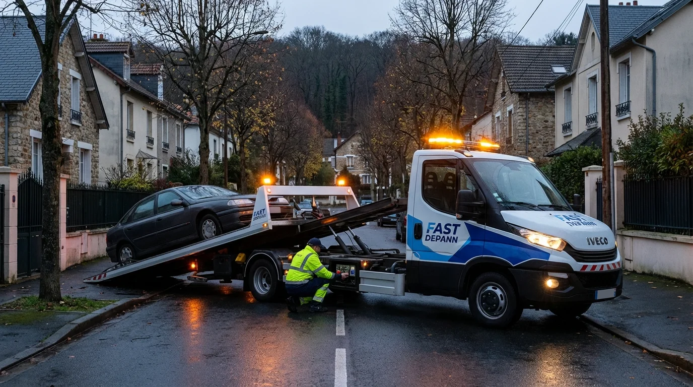 Intervention de dépannage auto par Fast Depann à Ville-d’Avray, dépanneuse chargeant une voiture en panne.