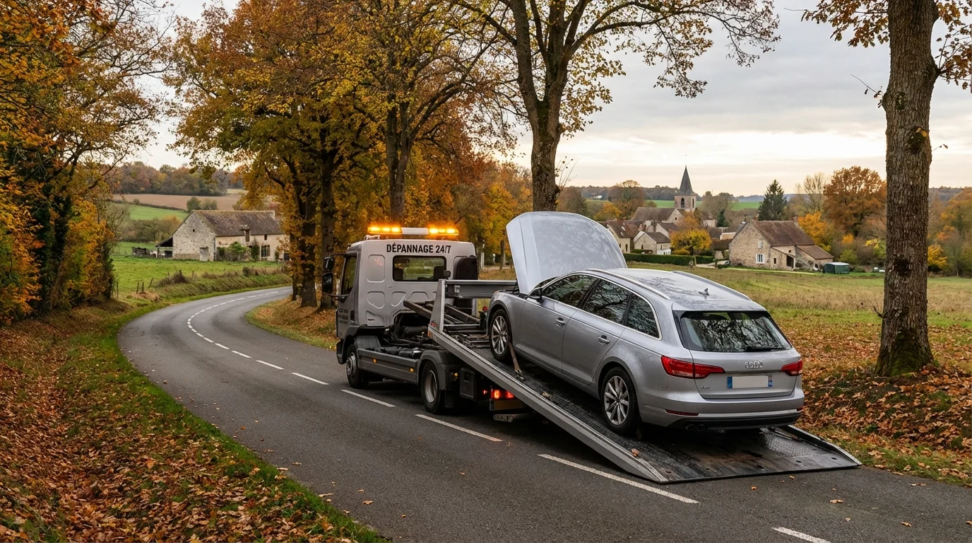 Dépanneuse Fast Depann intervenant sur une route de campagne à Villecerf pour remorquer une voiture en panne