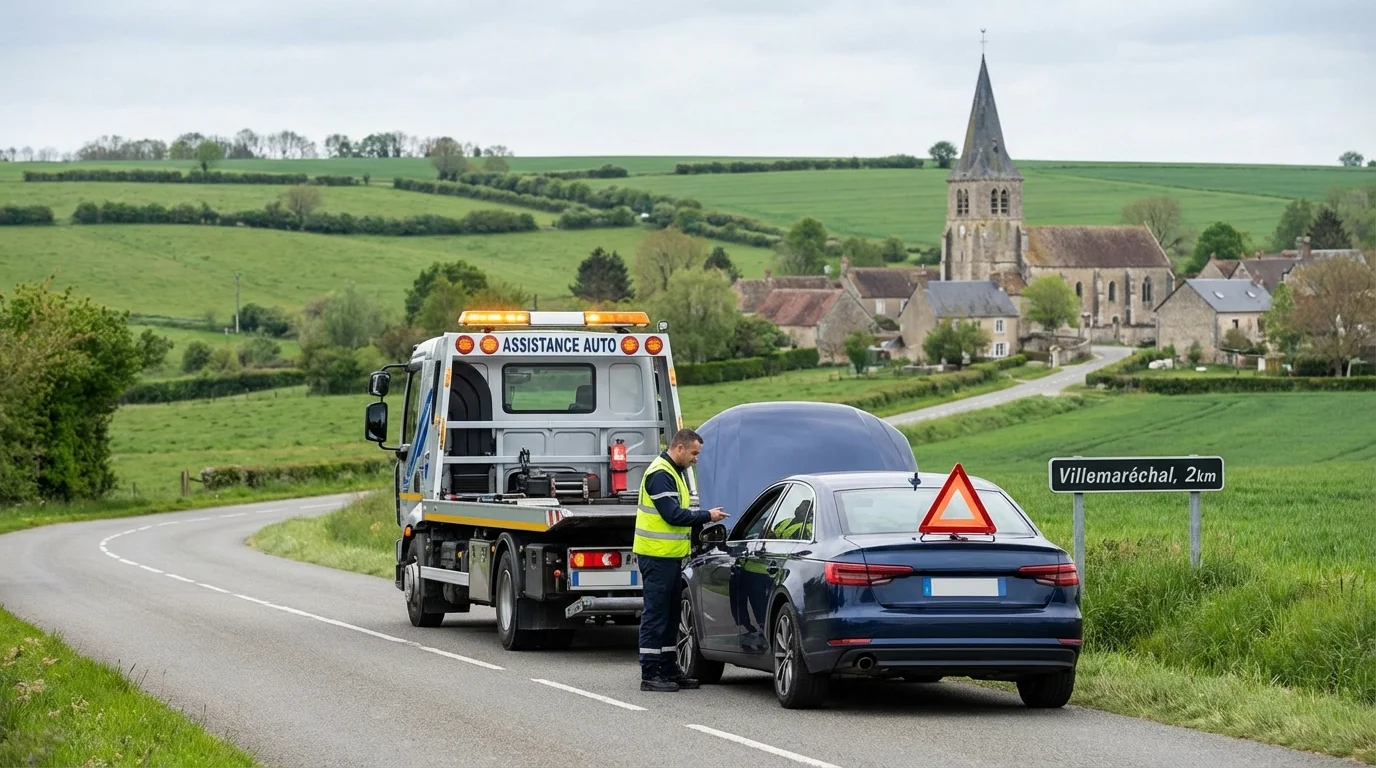 Dépanneuse Fast Depann en intervention de remorquage sur une route de campagne à Villemaréchal 77710