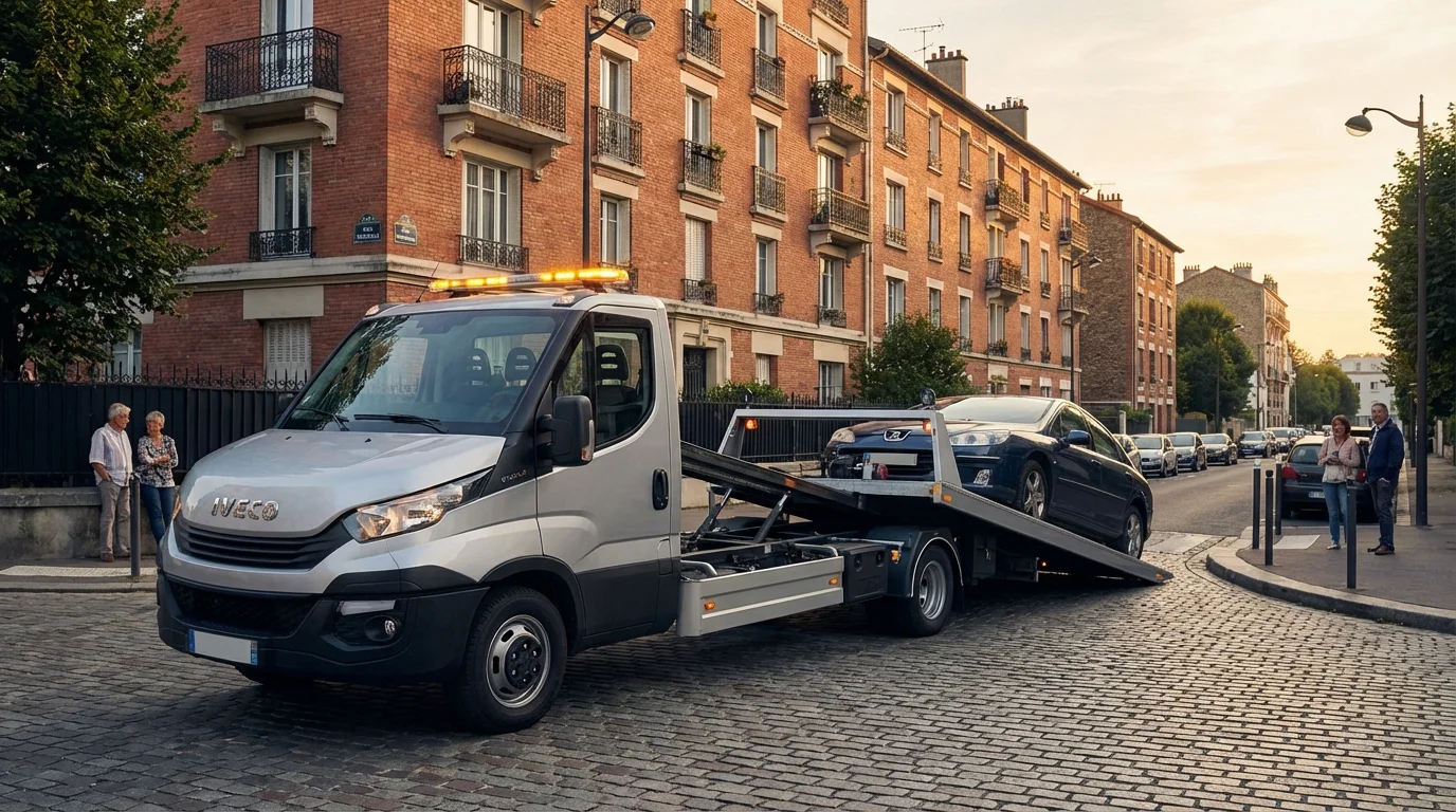 Dépanneuse Fast Depann intervenant pour un remorquage voiture dans une rue de Villemomble 93250