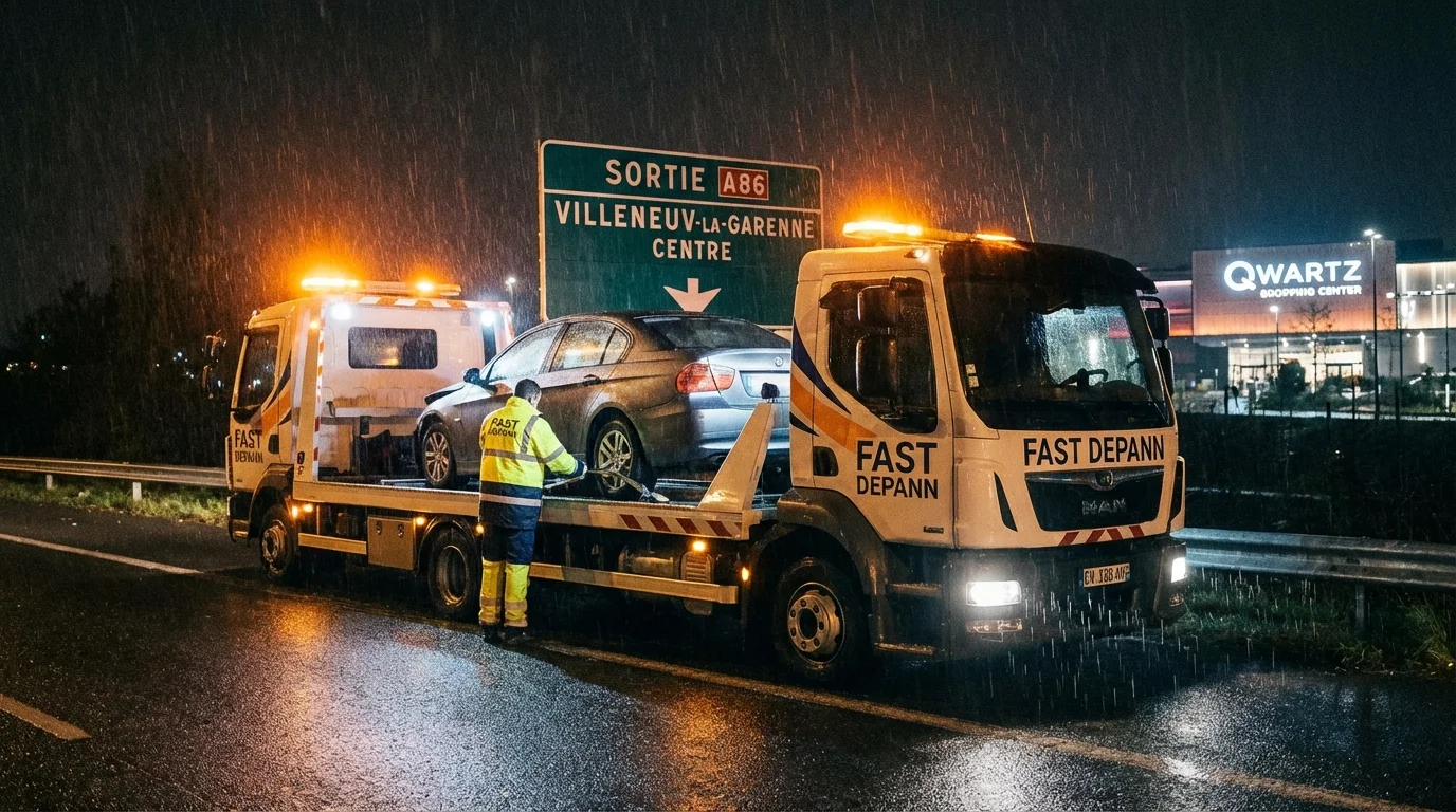 Dépanneuse Fast Depann intervenant de nuit sur l'A86 à Villeneuve-la-Garenne, près du centre commercial Qwartz.