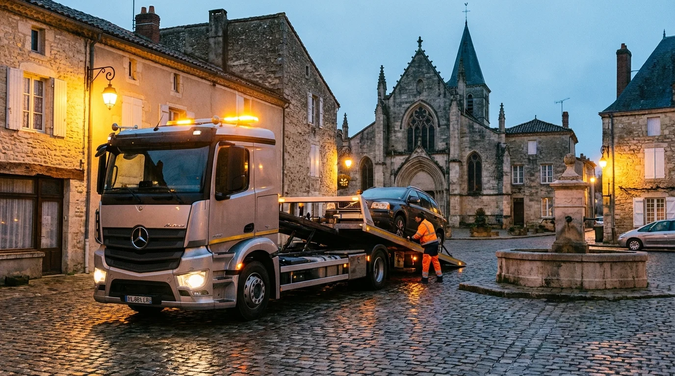 Dépanneuse Fast Depann en intervention à Villeneuve-le-Comte devant un bâtiment traditionnel