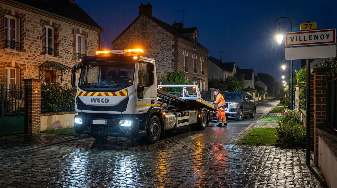 Dépanneuse Fast Depann en intervention nocturne à Villenoy pour un remorquage voiture