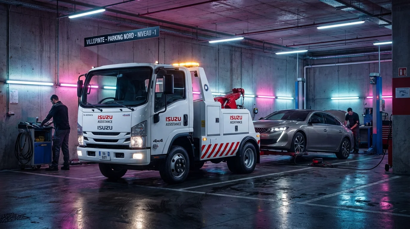 Intervention de dépannage auto en sous-sol à Villepinte avec véhicule 4x4 spécialisé pour hauteur limitée.