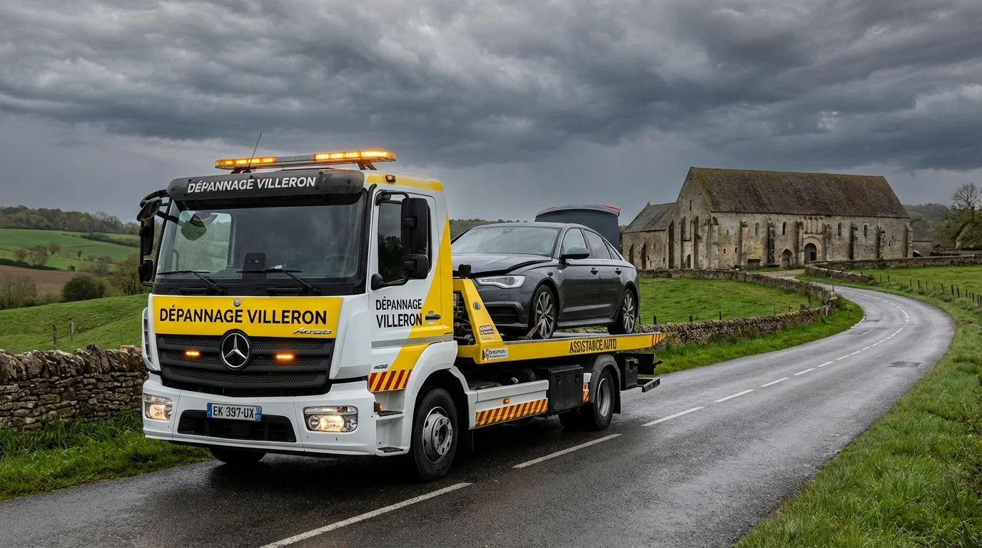 Dépanneuse chargeant une voiture en panne près de la Grange de Vaulerent à Villeron