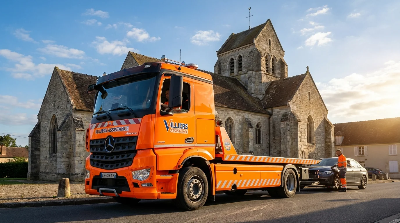 Dépanneuse Fast Depann intervenant devant l'église de Villiers-Saint-Georges pour un remorquage auto