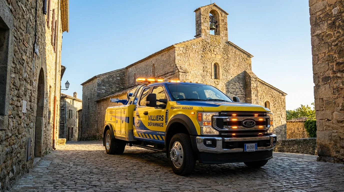 Dépanneuse Fast Depann en intervention dans le village de Villiers-sous-Grez devant une église