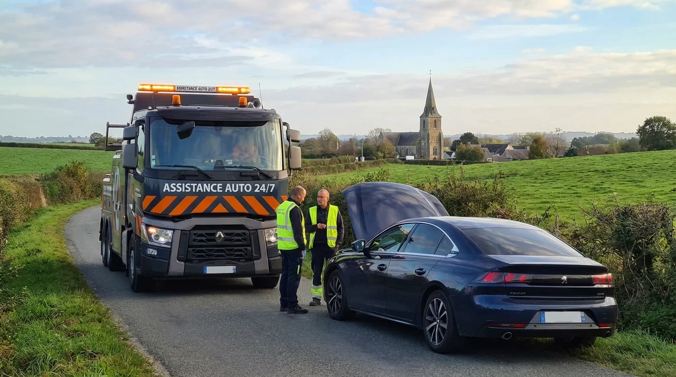 Camion de dépannage Fast Depann en intervention sur une route de campagne à Vinantes 77230