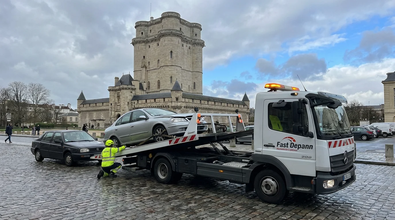Dépanneuse Fast Depann en intervention de remorquage devant le Château de Vincennes pour un dépannage auto dans le 94300.