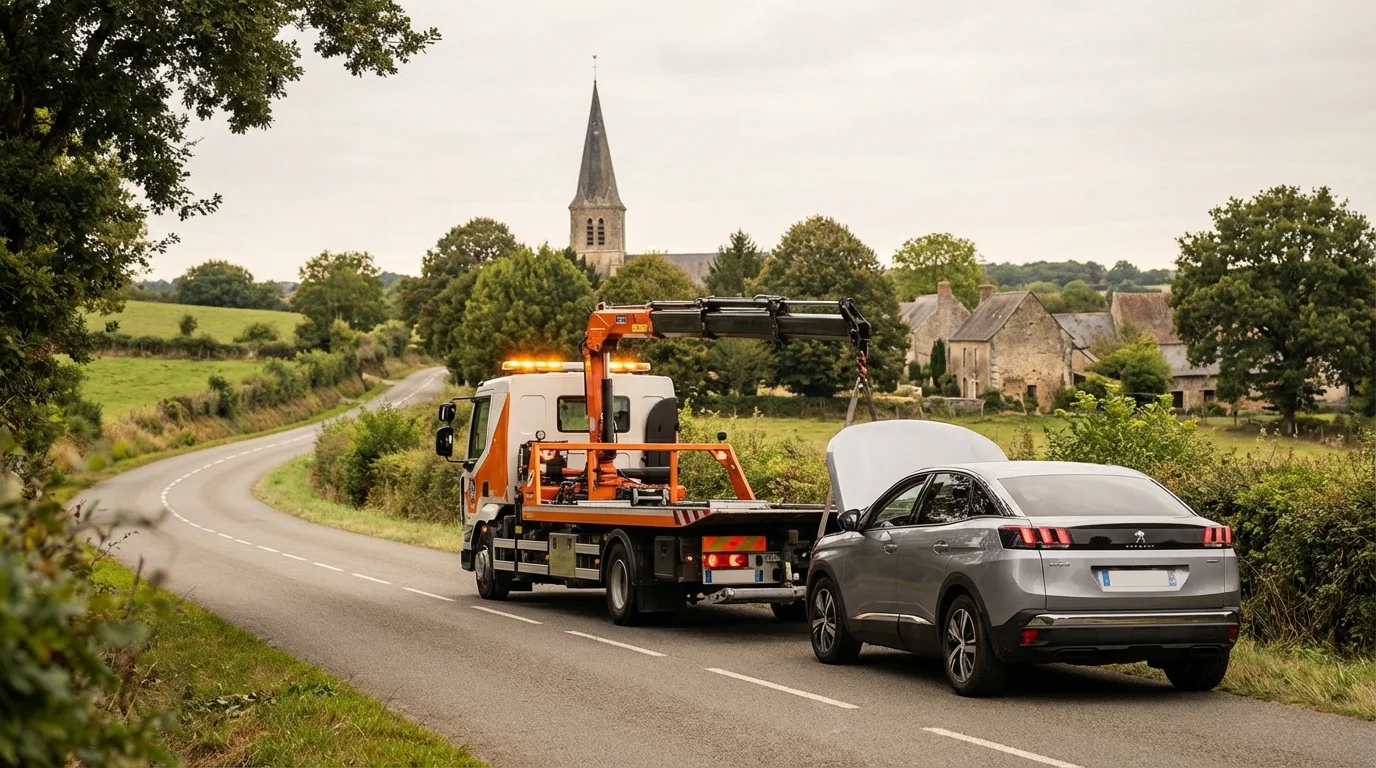 Dépanneuse Fast Depann en intervention sur une route de campagne à Voulton 77560