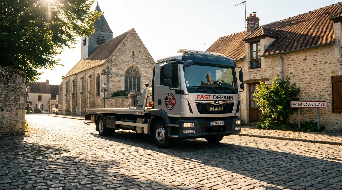 Dépanneuse Fast Depann en intervention devant l'église historique de Wy-dit-Joli-Village dans le Vexin Français
